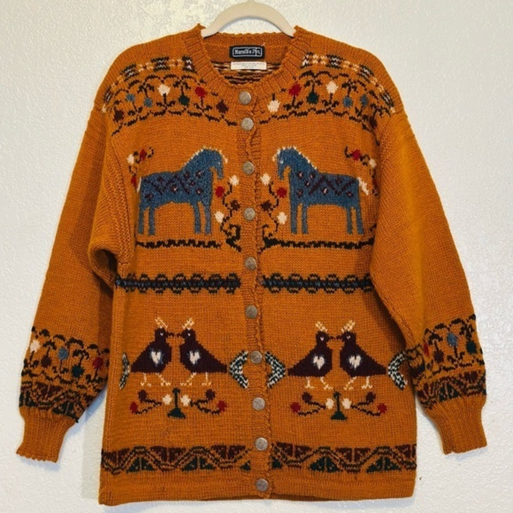 Harold’s Wool Cottage Nordic Fair Isle Swedish Horse Bird Knit Cardigan GVC